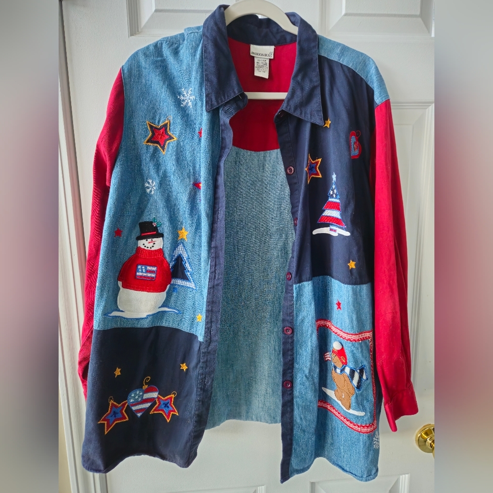 Fashion Bug Button Down Denim Shirt, Patriotic & Chtistmas Patchwork